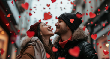 A couple in a street with hearts