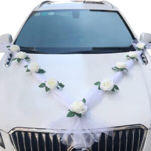 Luxury white ribbon wedding car decoration
